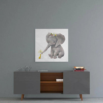 Adorable gray elephant with flowers and bird glass wall art print
