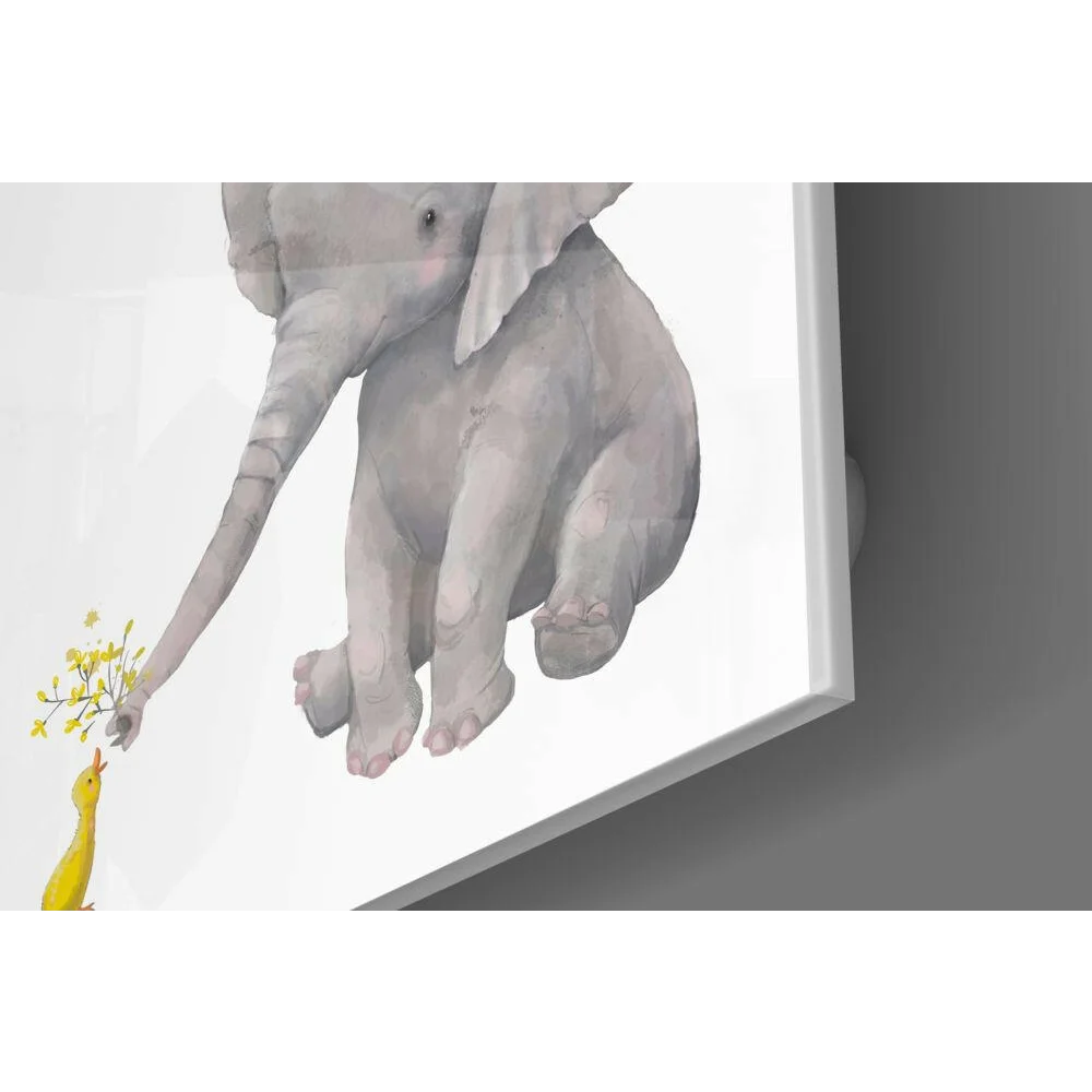 Adorable gray elephant offers yellow flowers to duck in watercolor glass wall art