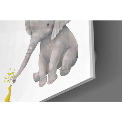 Adorable gray elephant offers yellow flowers to duck in watercolor glass wall art