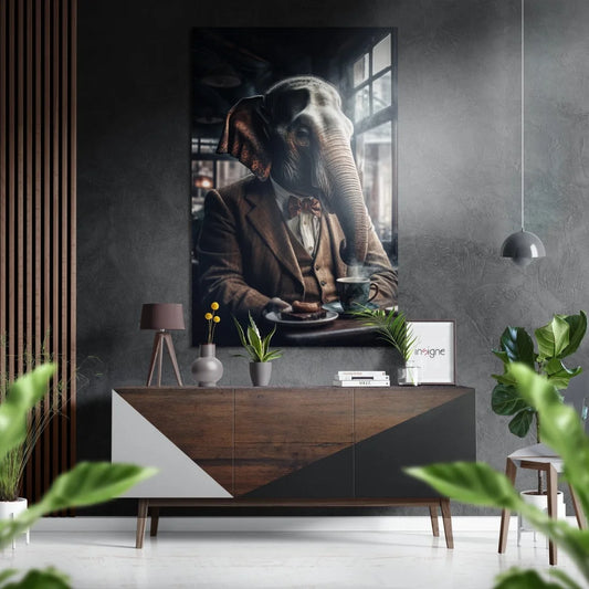 Dapper elephant in suit with coffee on brushed aluminium dibond print