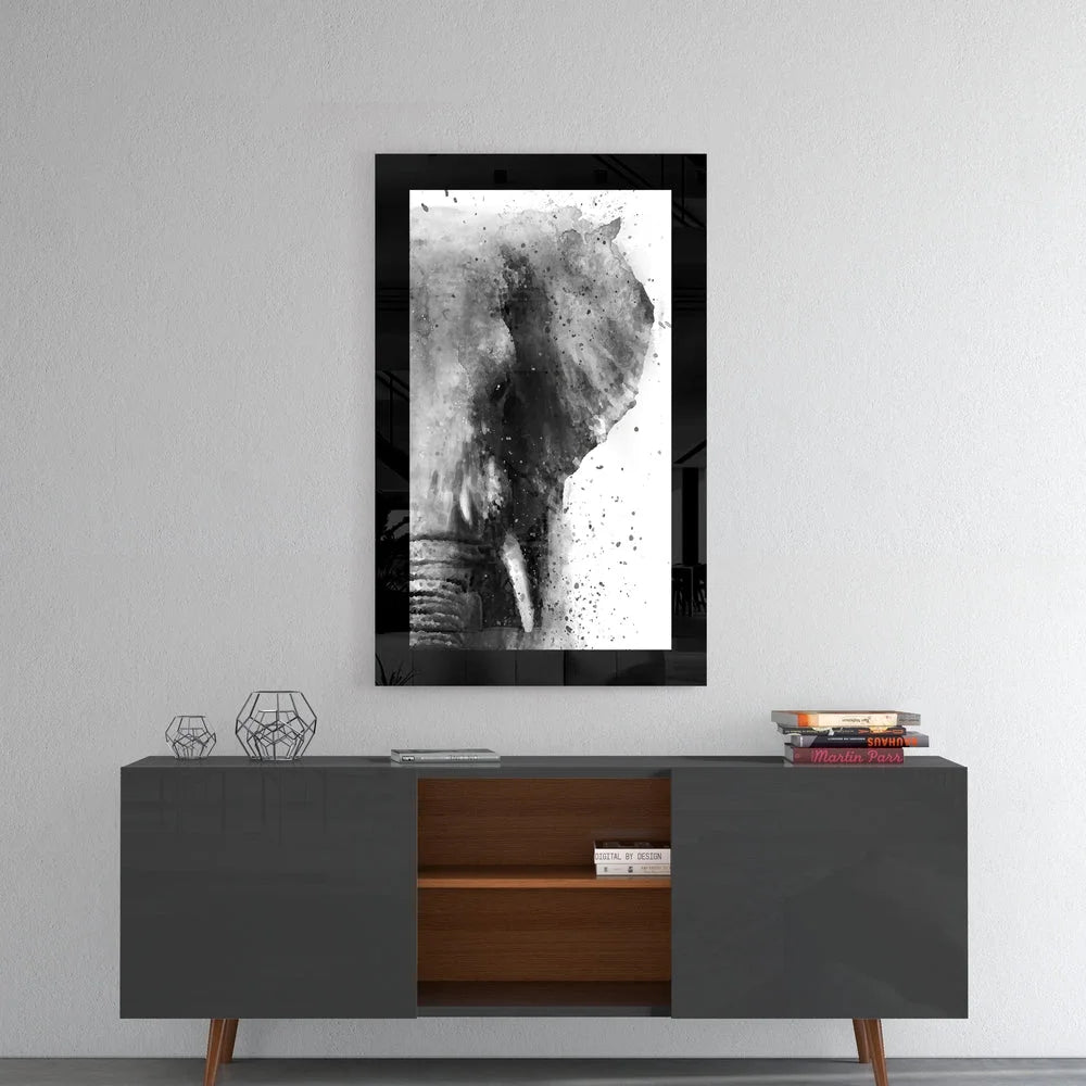 Black-framed black and white watercolor elephant head glass wall art