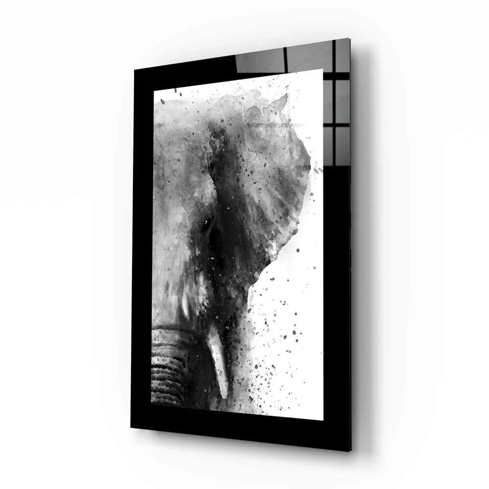 Black-framed glass wall art of elephant head in watercolor ink splashes