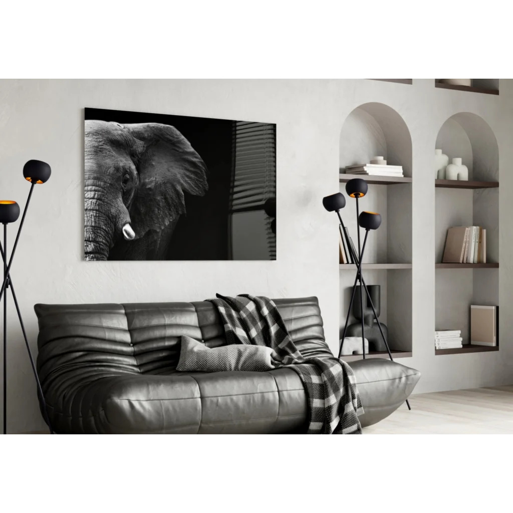 Black-and-white elephant head canvas wall art framed on wall