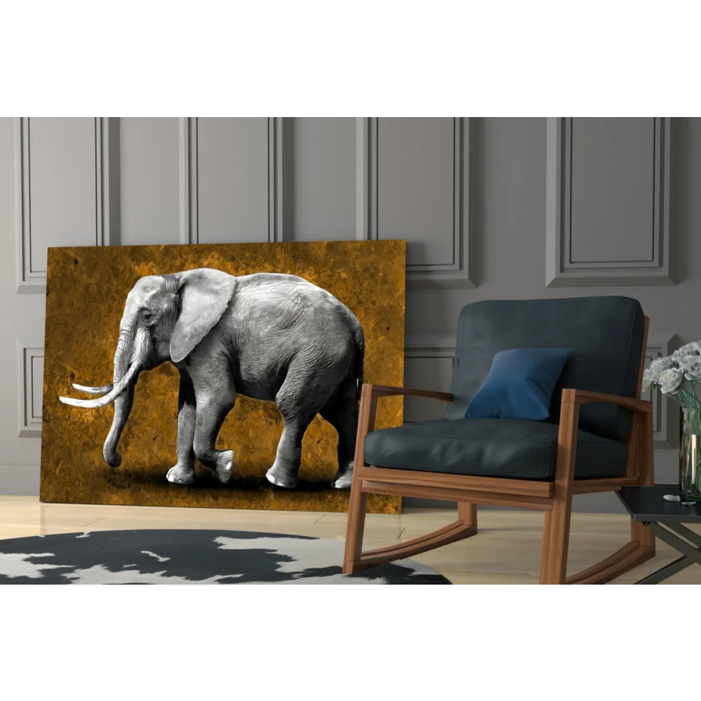 Majestic black-and-white elephant glass wall art with gold texture on canvas