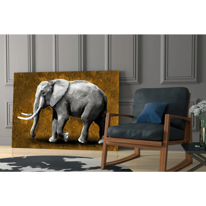 Majestic black-and-white elephant glass wall art with gold texture on canvas