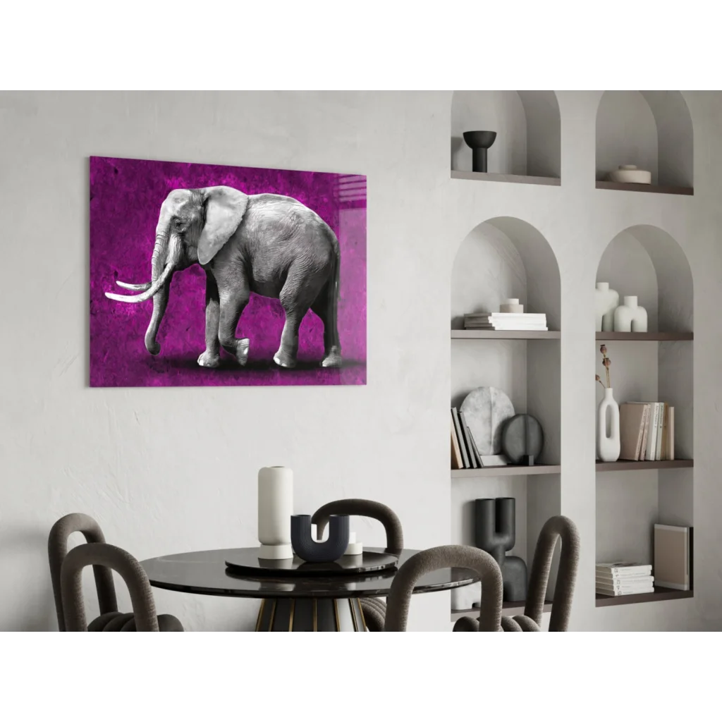 Stunning purple elephant glass wall art canvas print with monochrome design
