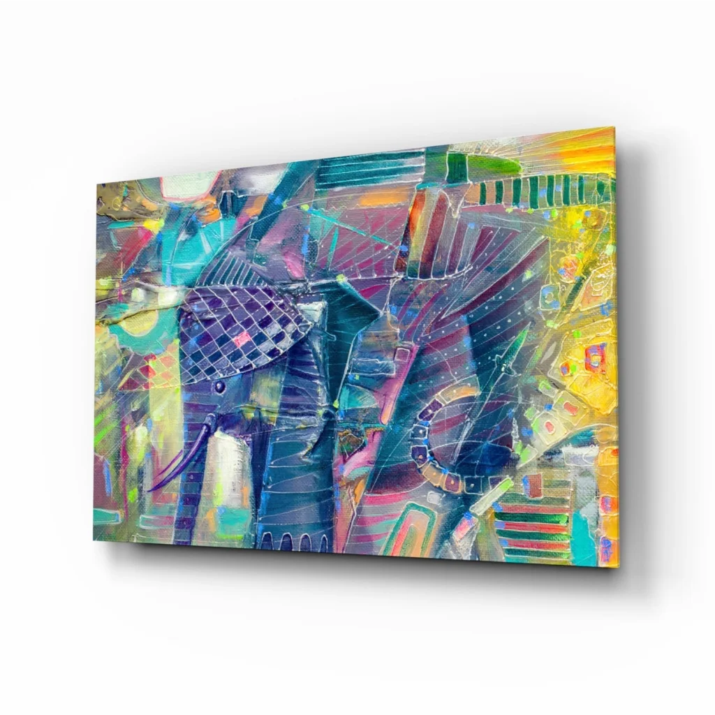 Vibrant geometric elephant glass wall art in bold abstract blues and purples