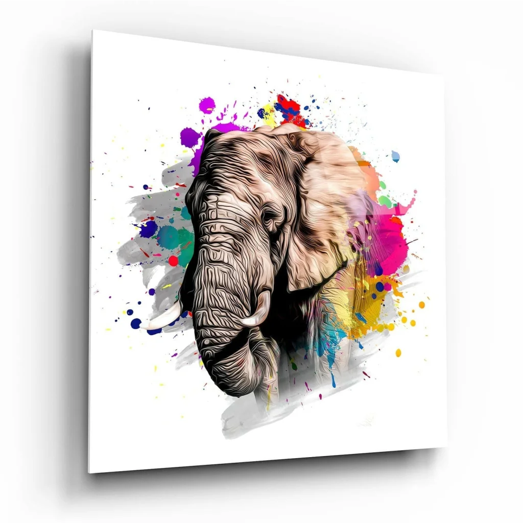 Vibrant Elephant Glass Wall Art with Colorful Abstract Splashes | Insigneart USA | vintageantiquesgifts.com