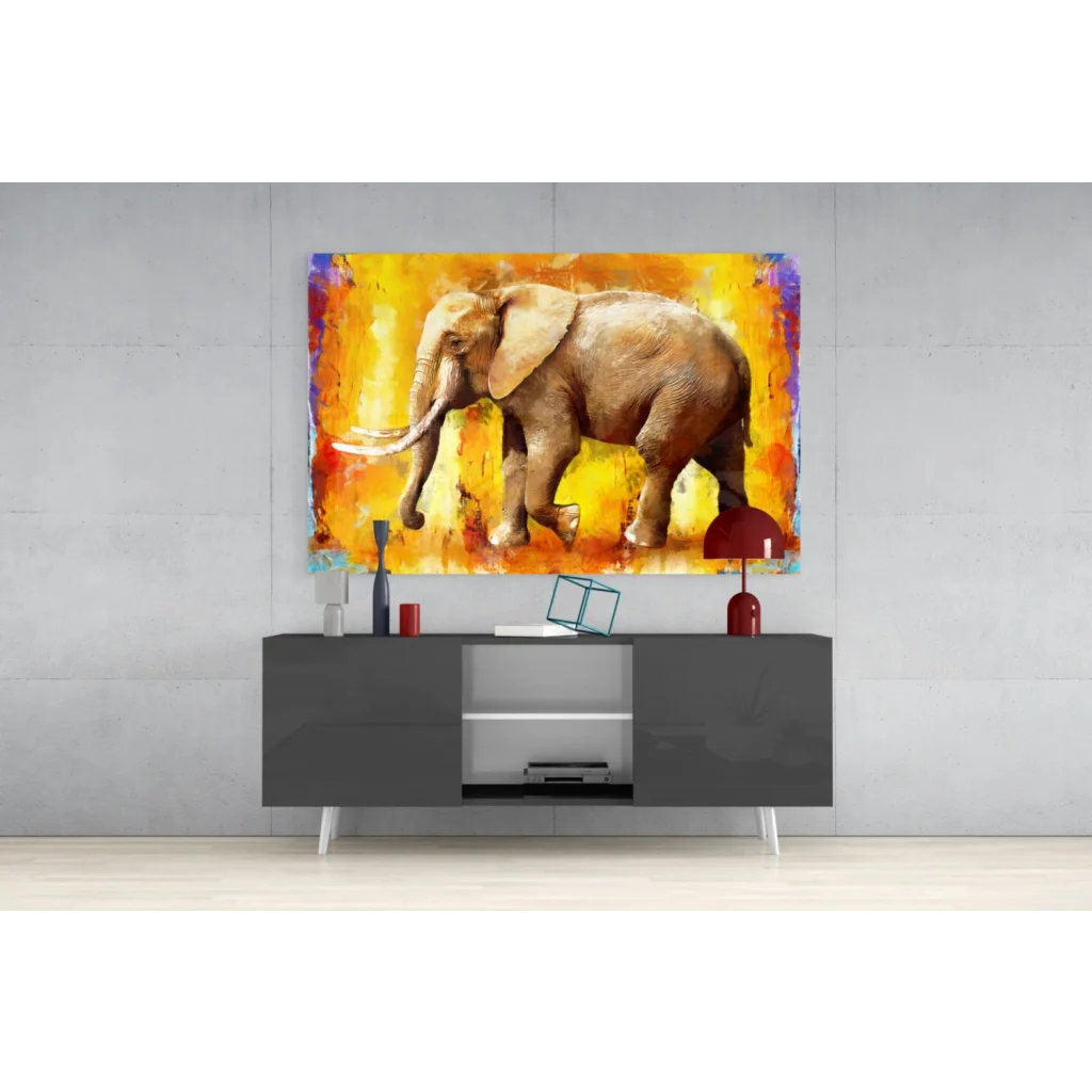 Vibrant abstract canvas wall art of brown elephant on fiery yellow orange background with purple accents