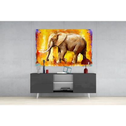 Vibrant abstract canvas wall art of brown elephant on fiery yellow orange background with purple accents