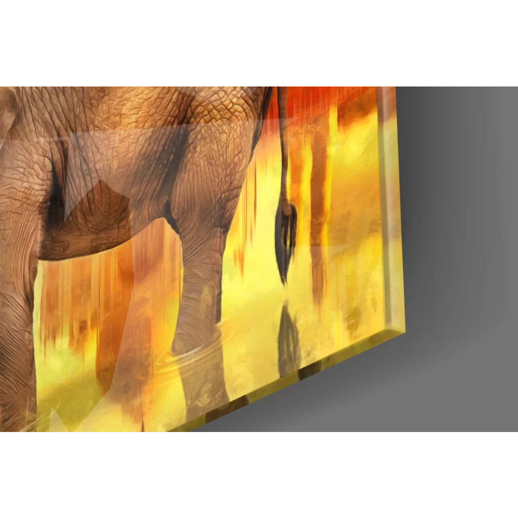 Textured brown elephant glass wall art on vibrant yellow orange background