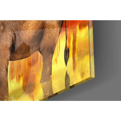 Textured brown elephant glass wall art on vibrant yellow orange background