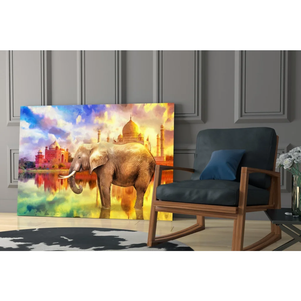 Majestic elephant before Taj Mahal in vibrant glass wall art print