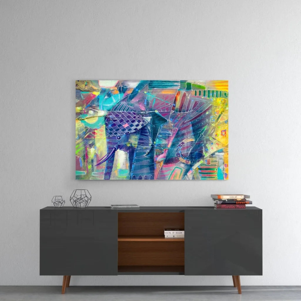 Vibrant geometric elephant glass wall art in bold blue, purple, teal, yellow, green, pink