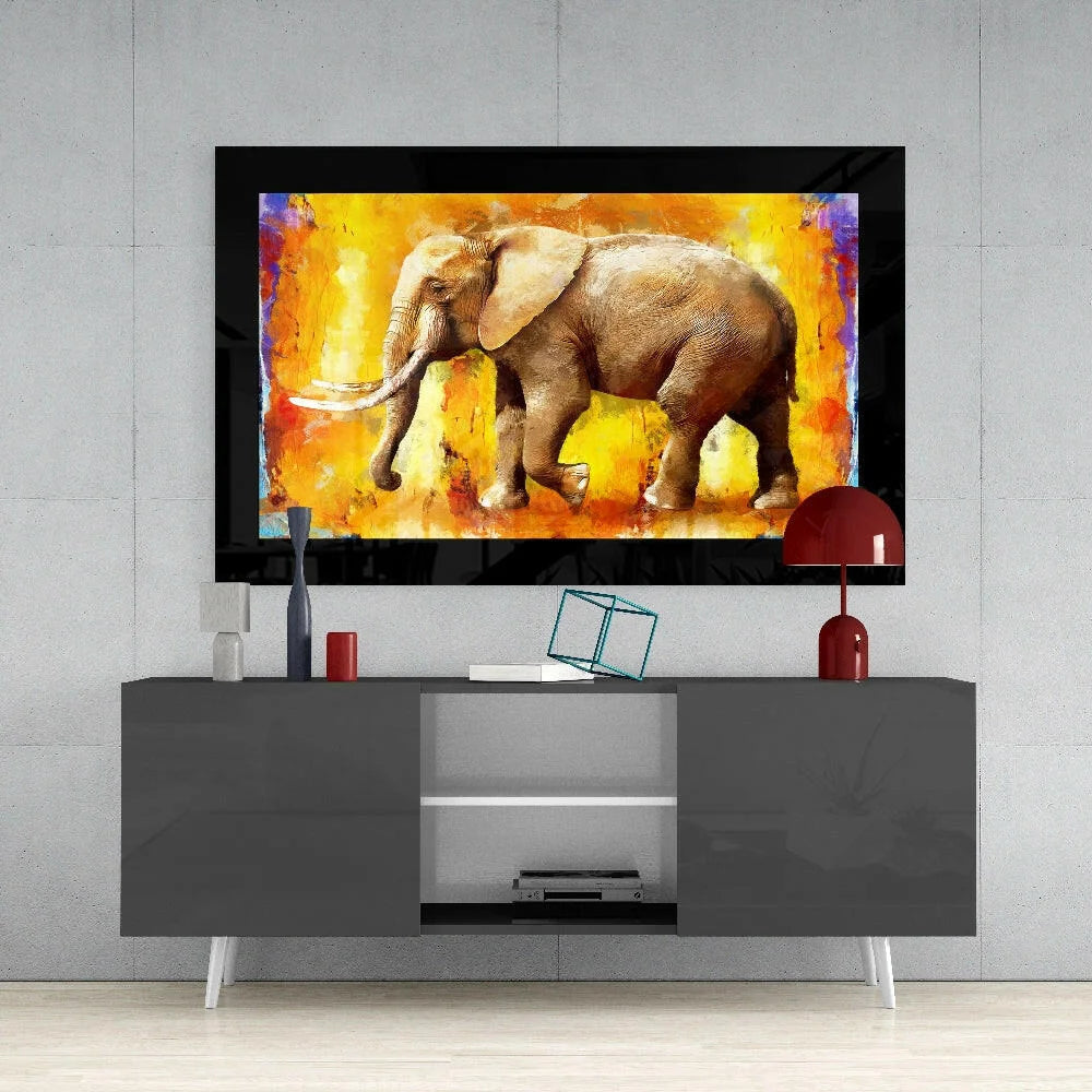 Majestic elephant glass wall art in fiery orange yellow tones