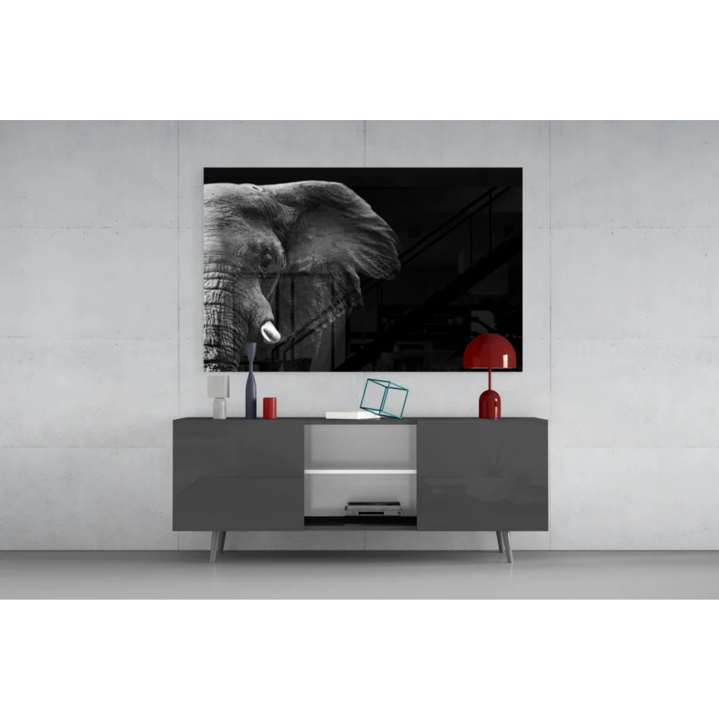 Majestic black-and-white elephant wall art canvas above gray console