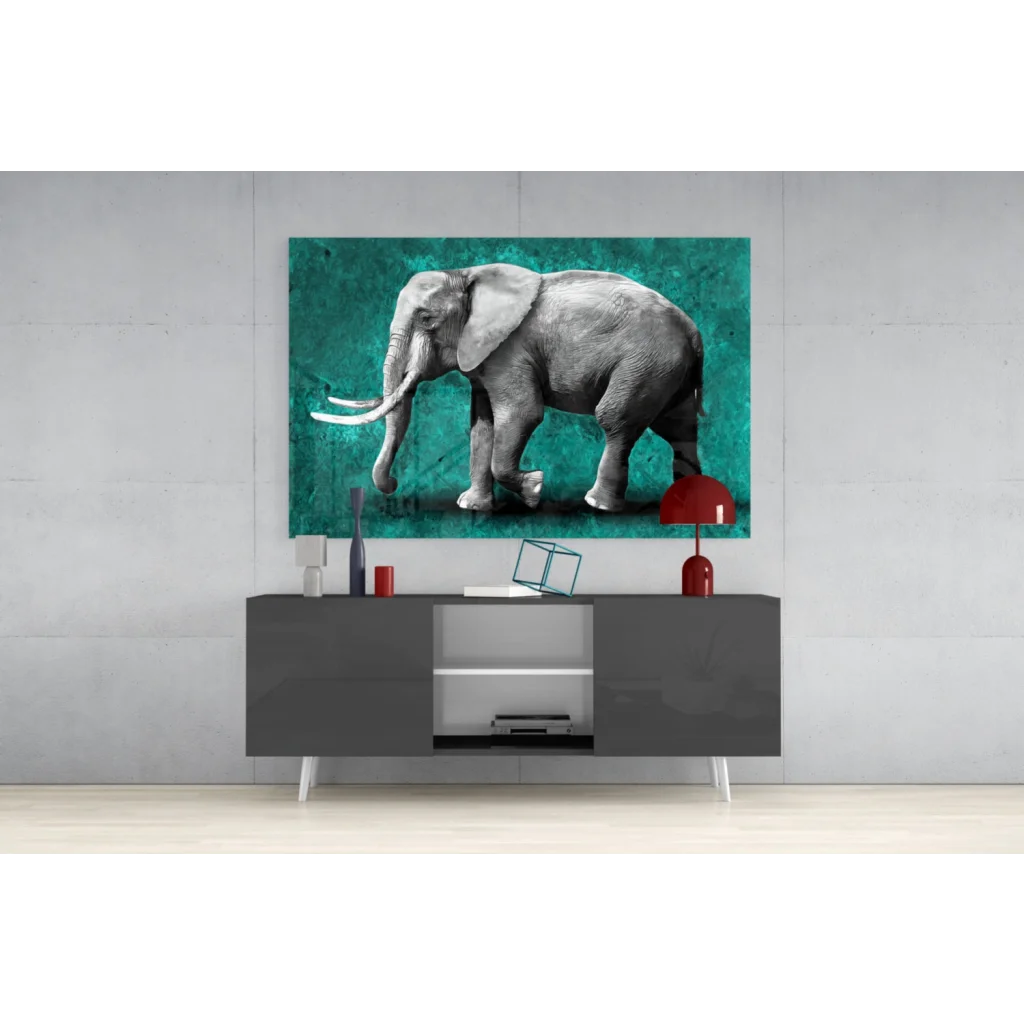 Majestic elephant teal canvas wall art print with grayscale details