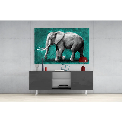 Majestic elephant teal canvas wall art print with grayscale details