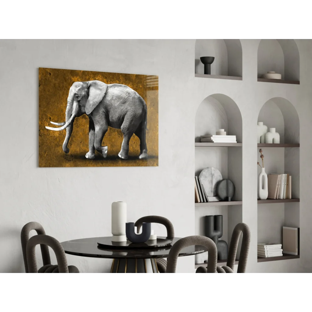 Majestic gray elephant glass wall art with gold texture and white tusks