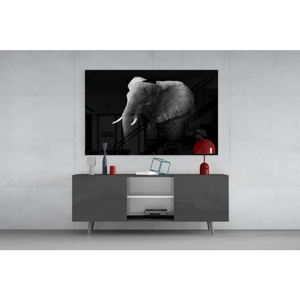 Black and white elephant wall art canvas on gray console