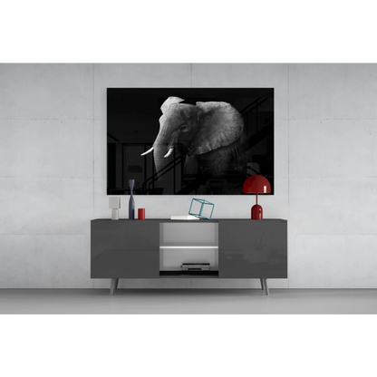Black and white elephant wall art canvas on gray console