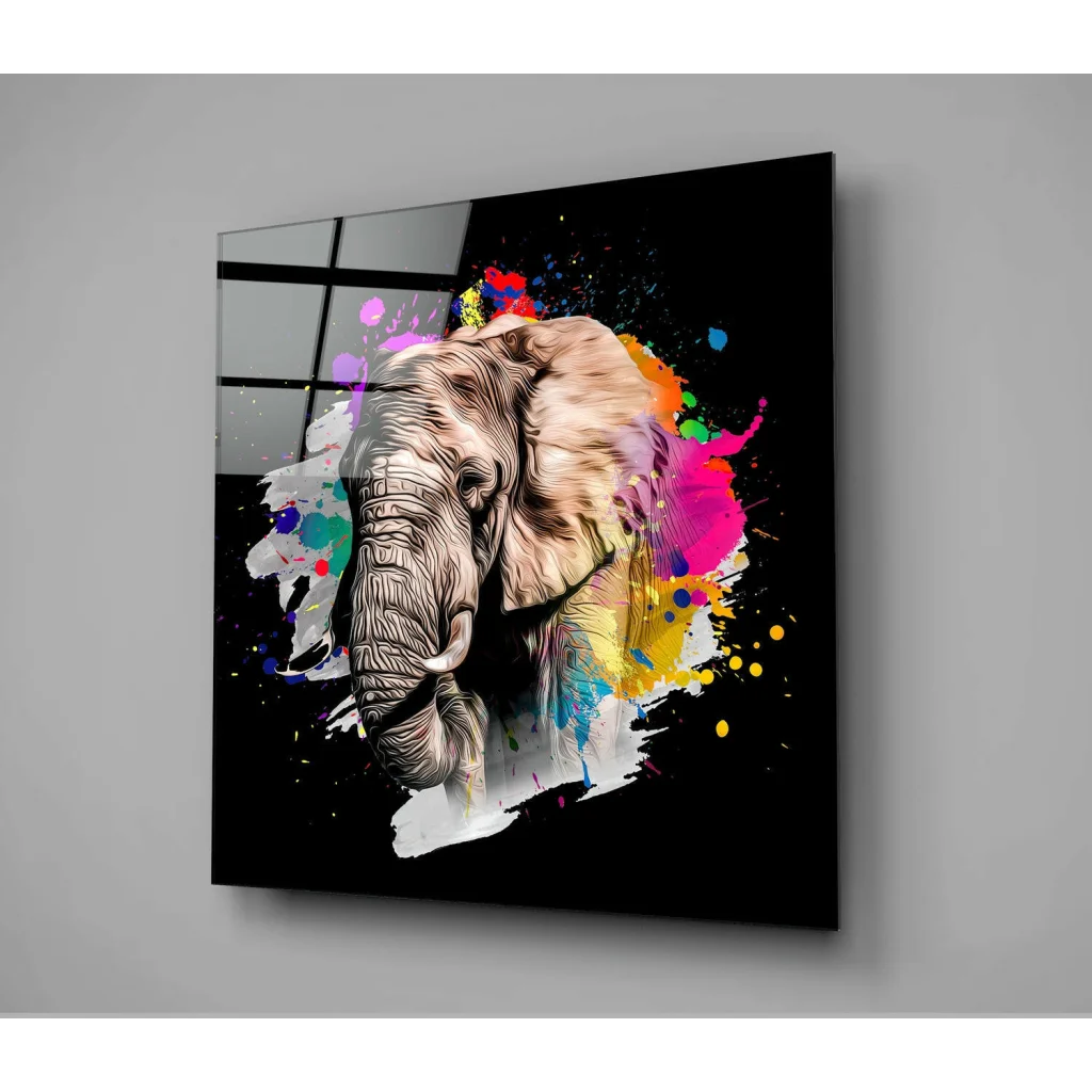 Vibrant abstract elephant glass wall art on glossy black panel