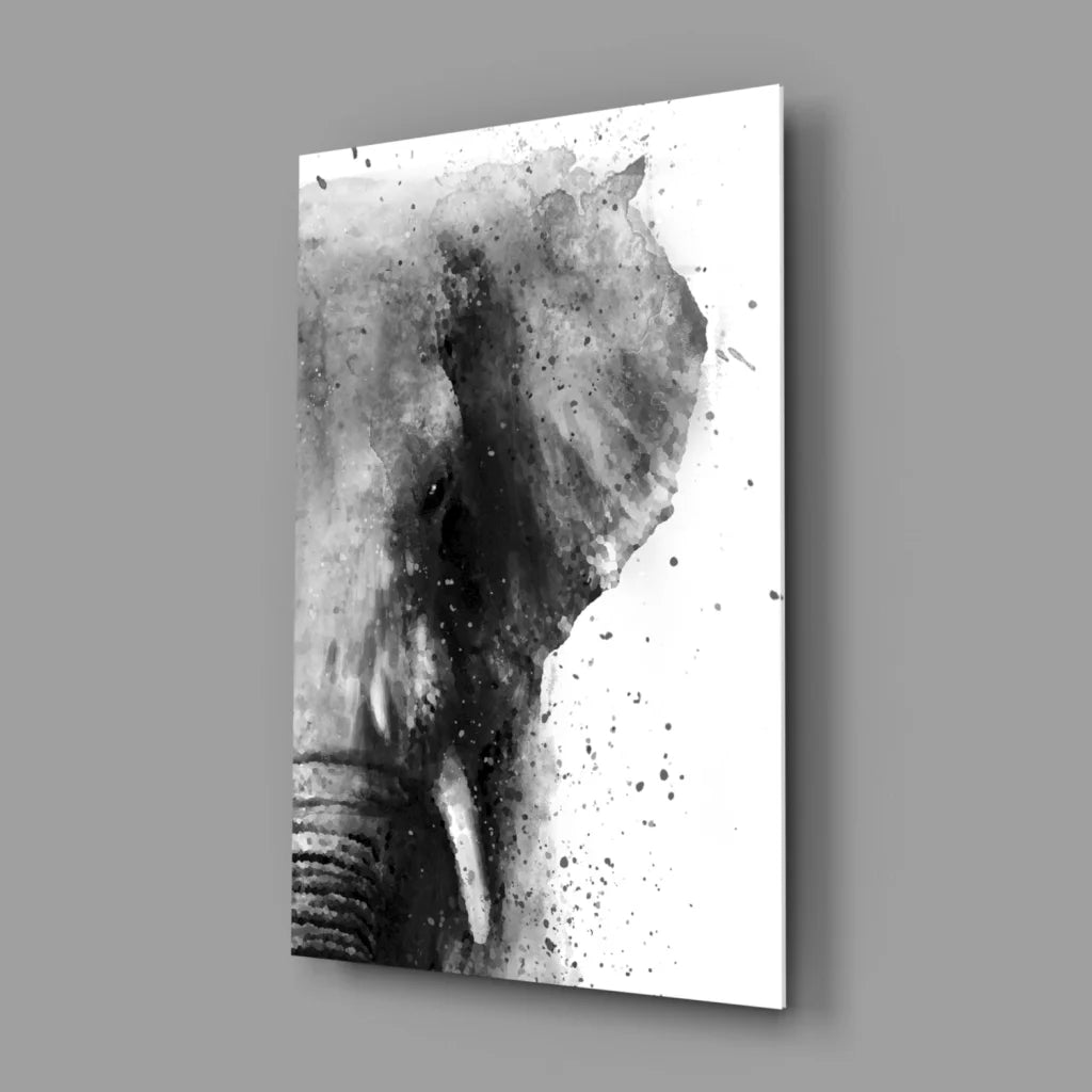 Black and white watercolor elephant head on glass wall art print