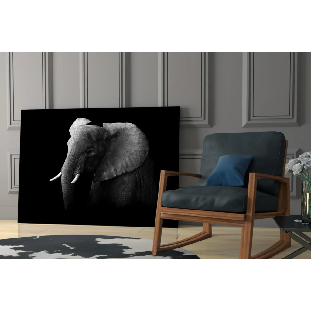Majestic black-and-white elephant canvas wall art with detailed shading