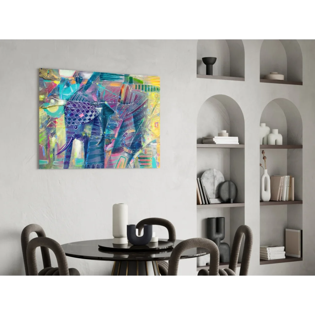 Vibrant geometric elephant glass wall art in bold blues, purples, yellows