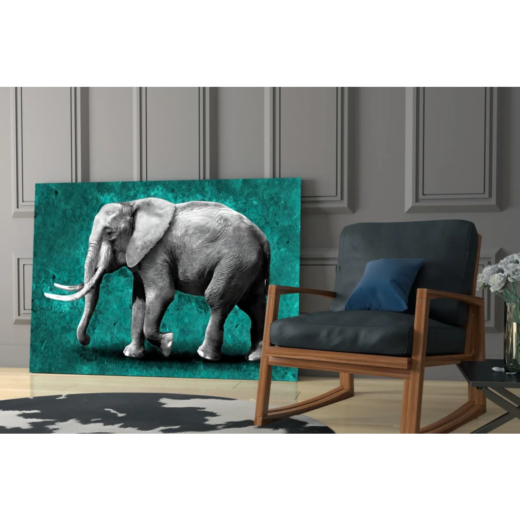 Majestic elephant teal canvas wall art with grayscale details
