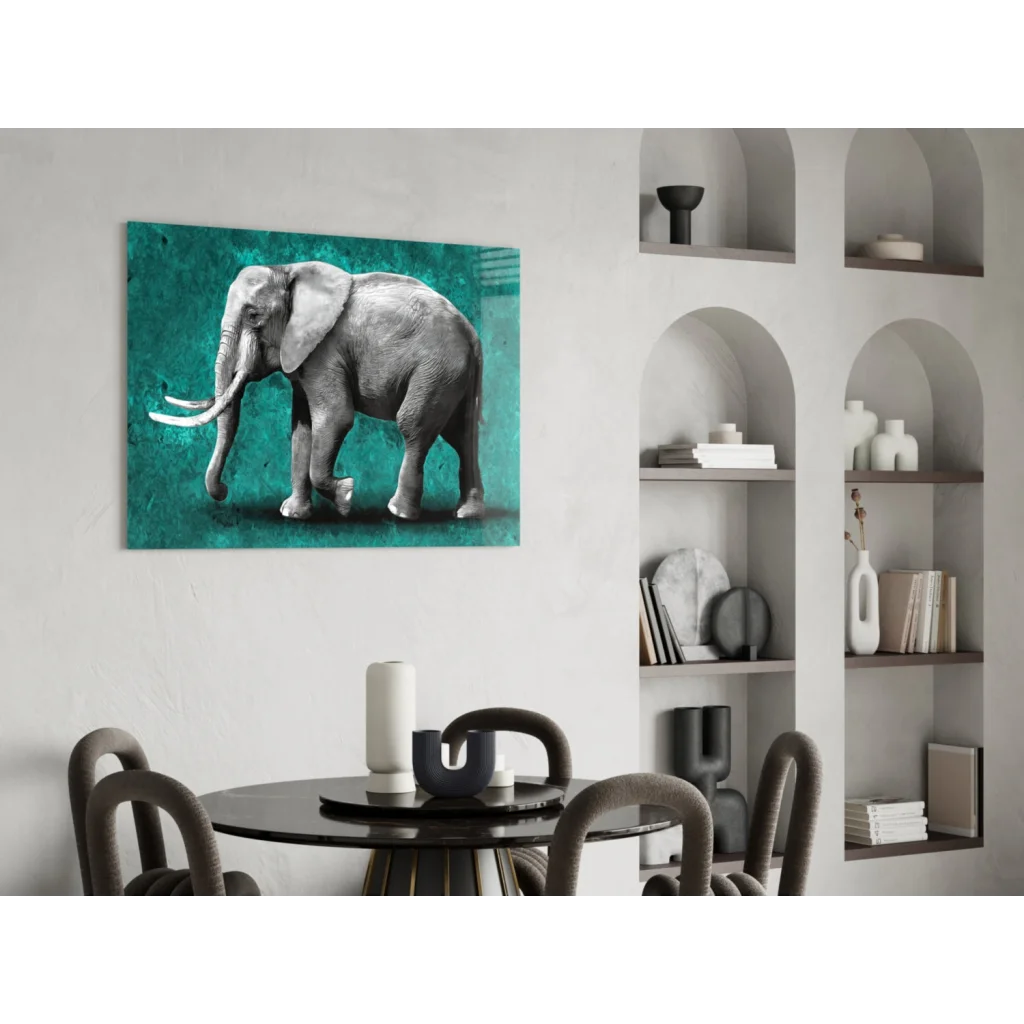 Majestic gray elephant teal canvas wall art print with white tusks