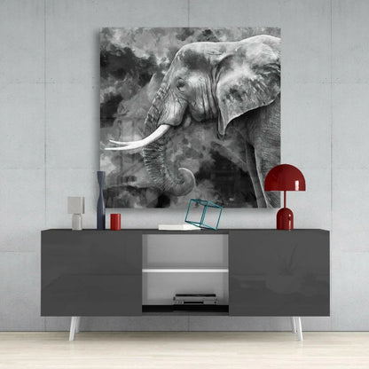 Black-and-white watercolor elephant on textured glass wall art