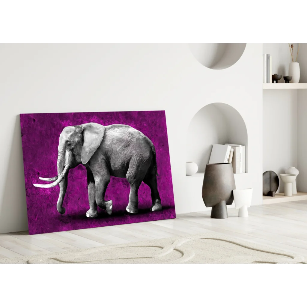 Monochrome elephant glass wall art on vibrant purple textured canvas