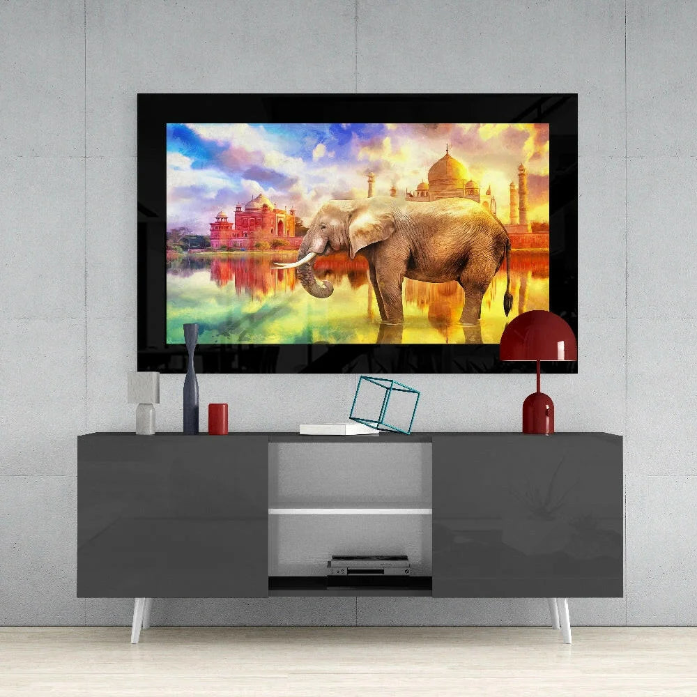 Vibrant gray elephant in water with Taj Mahal reflection, glass wall art