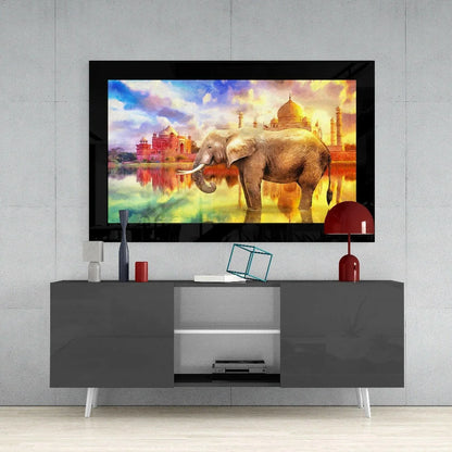 Vibrant gray elephant in water with Taj Mahal reflection, glass wall art