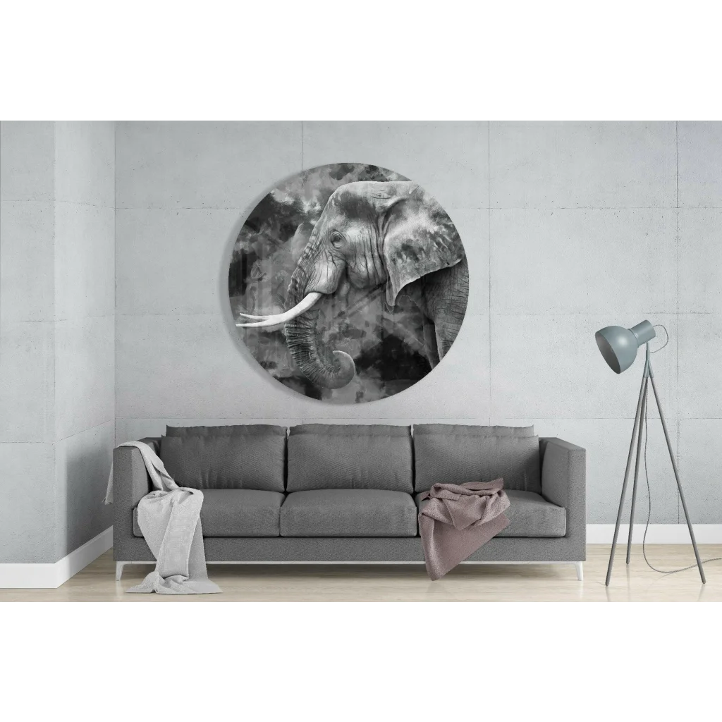 Majestic black-and-white elephant tempered glass art on wall