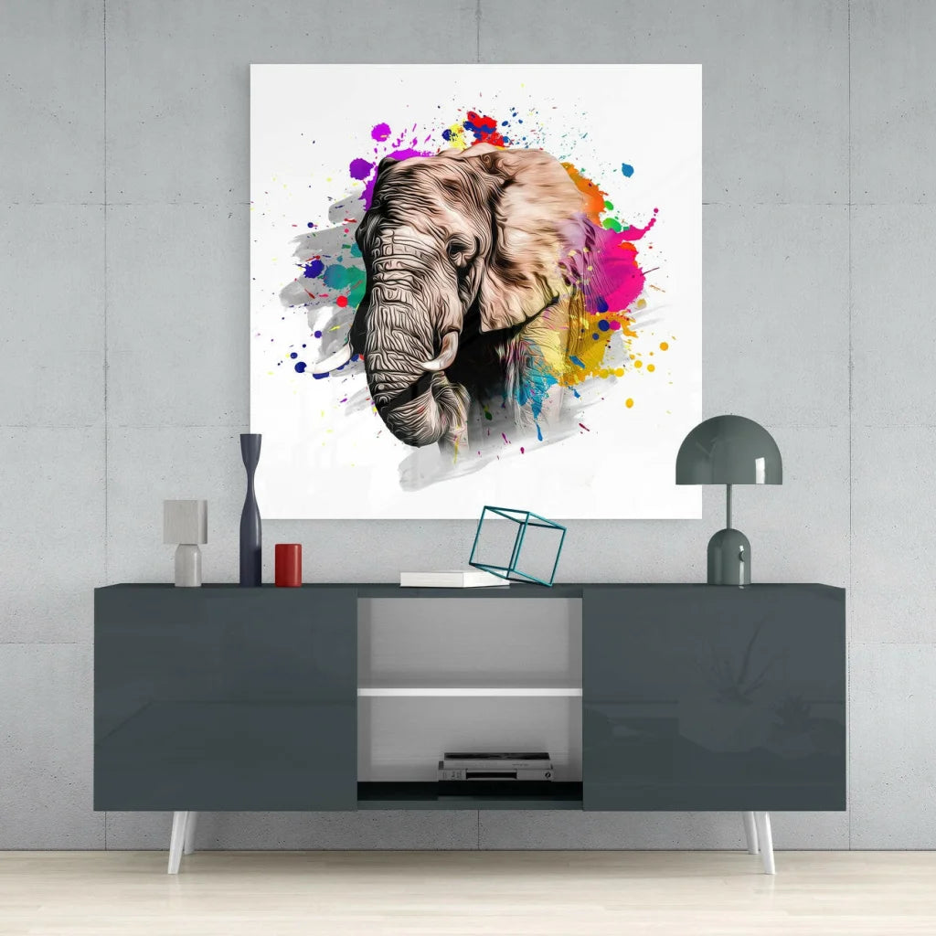 Vibrant Elephant Glass Wall Art with Colorful Abstract Splashes | Contemporary Home Wall Art | vintageantiquesgifts.com