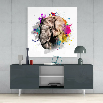 Vibrant Elephant Glass Wall Art with Colorful Abstract Splashes | Contemporary Home Wall Art | vintageantiquesgifts.com