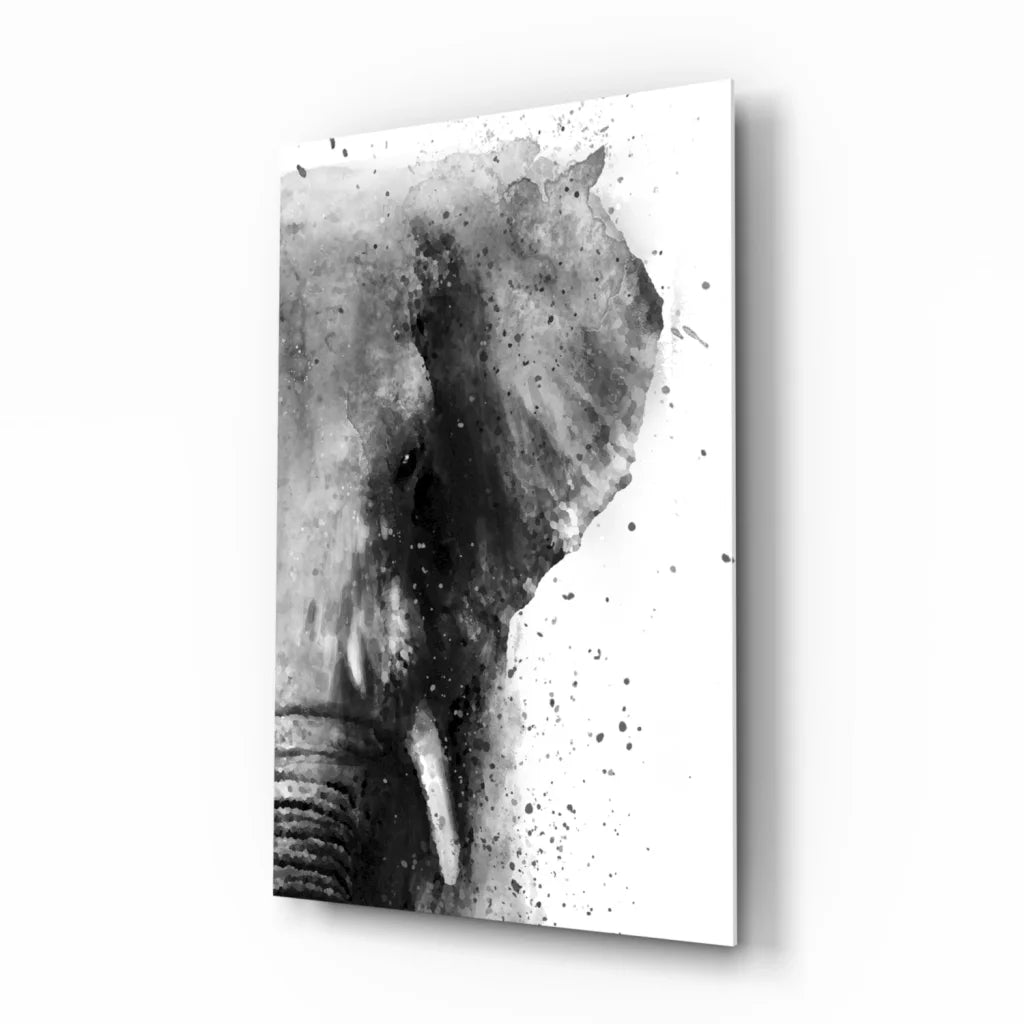 Black and white watercolor elephant head glass wall art print