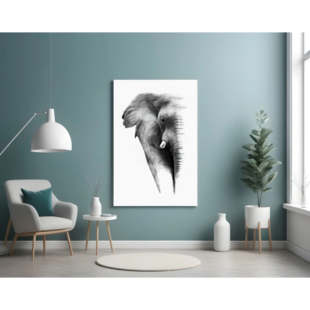 Black and white elephant head canvas wall art on teal wall