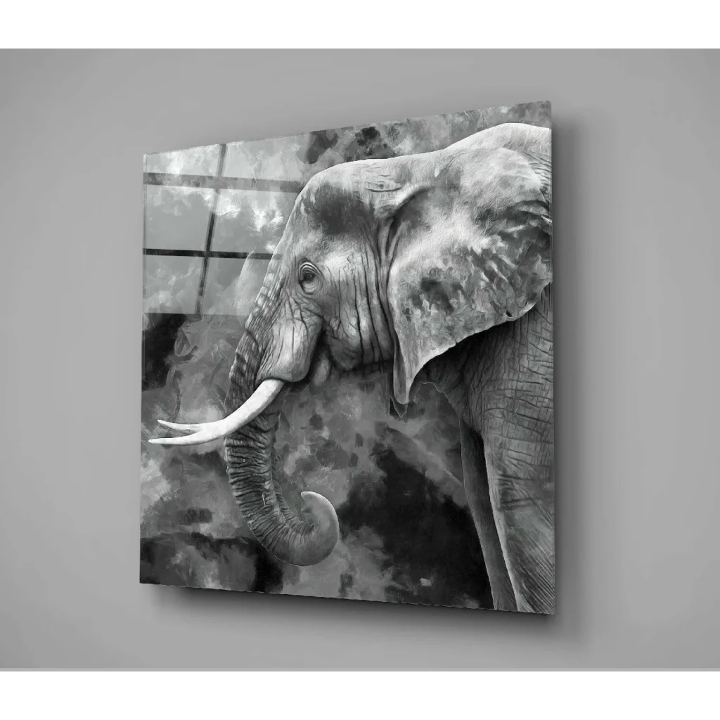 Stunning black-and-white elephant glass wall art with textured details