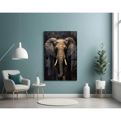 Golden elephant glass wall art print on textured dark background