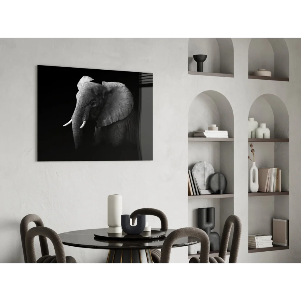 Majestic black-and-white elephant portrait canvas wall art on wall