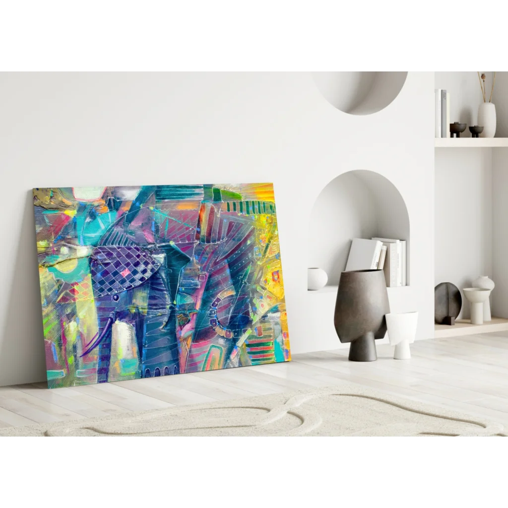 Vibrant geometric elephant glass wall art in teal, purple, yellow, pink