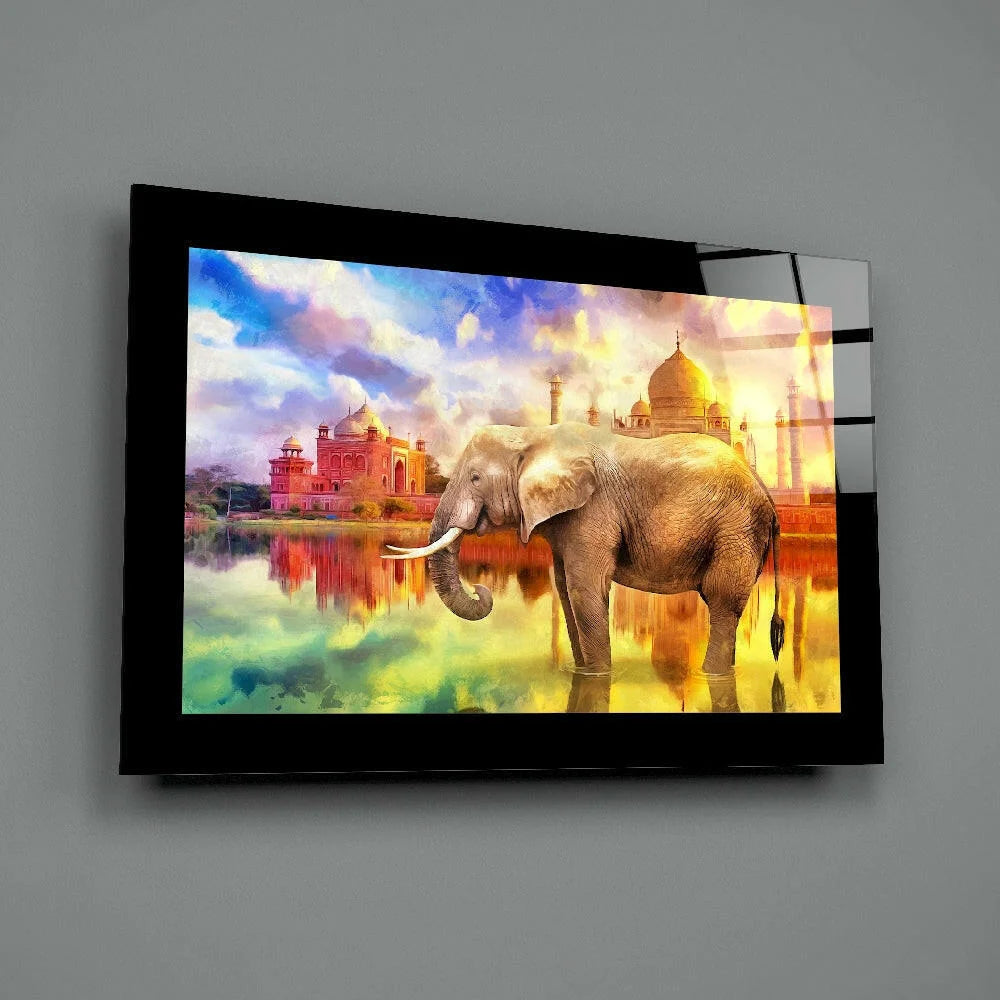 Vibrant elephant in reflective water with Taj Mahal, stunning glass wall art