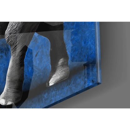 Blue textured glass wall art with grayscale elephant leg relief
