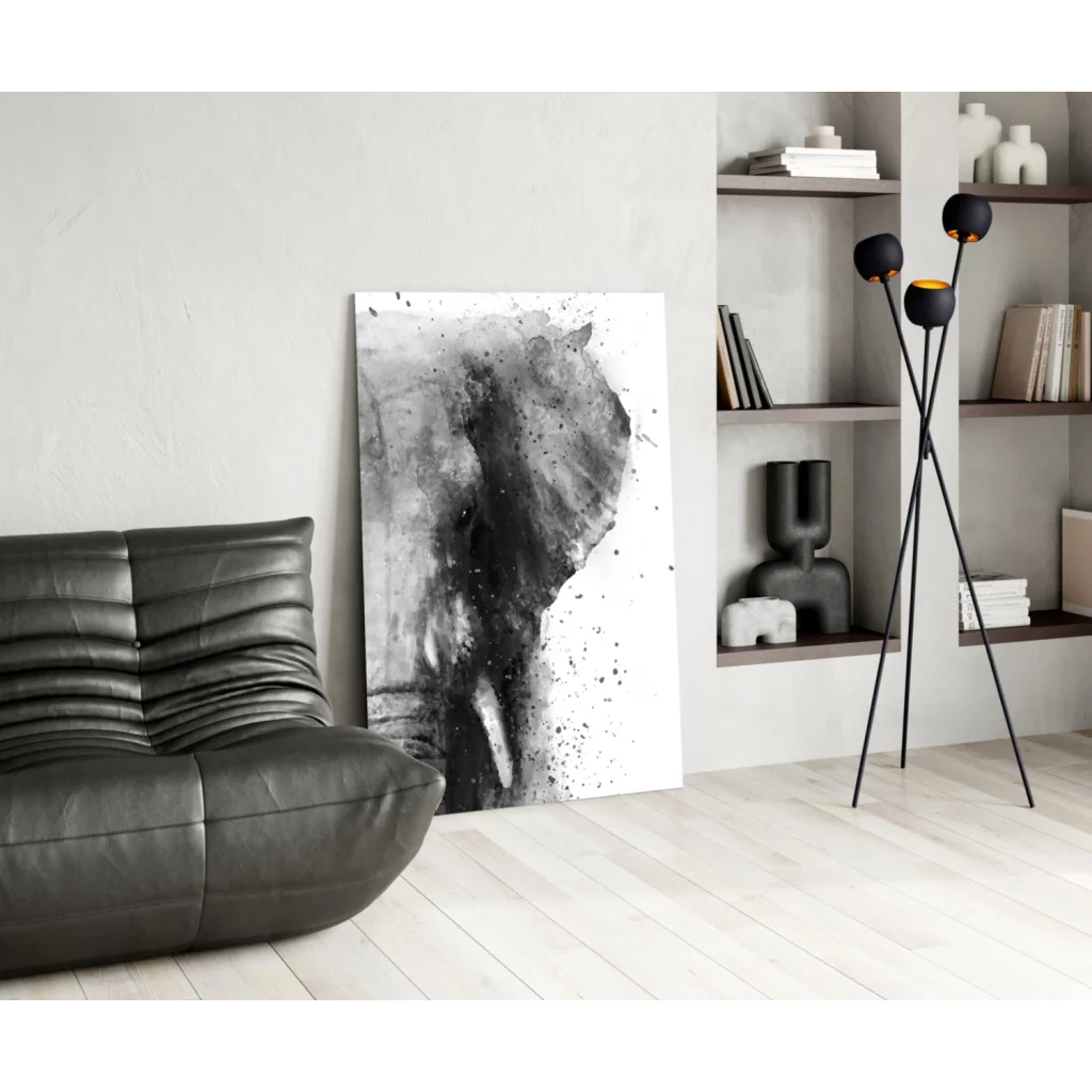 Black and white abstract elephant glass wall art print