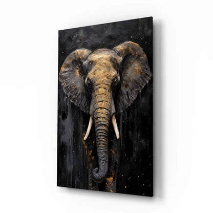 Striking black and gold elephant glass wall art print with paint drips