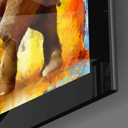 Majestic elephant leg in fiery abstract glass wall art