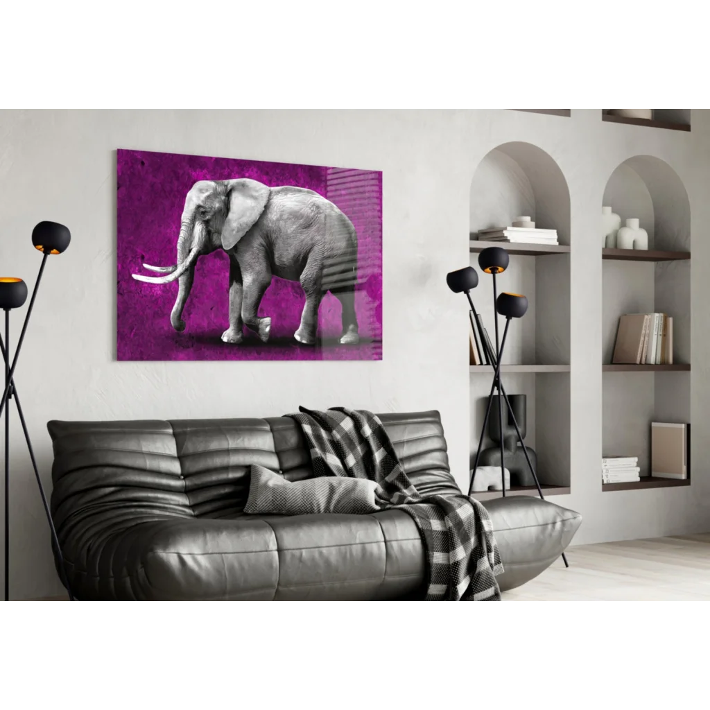 Stunning purple glass wall art canvas print with grayscale elephant